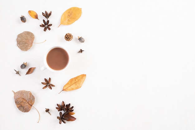 Autumn composition on white background. Flat lay, top view copy space.