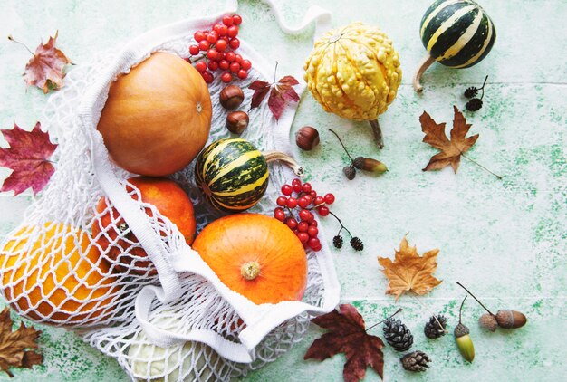 Foto composizione autunnale con zucche assortite in borsa a corda eco sullo sfondo del ringraziamento