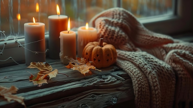 Autumn composition with burning candles mini munchkin pumpkins warm wool knitted swe Generative AI