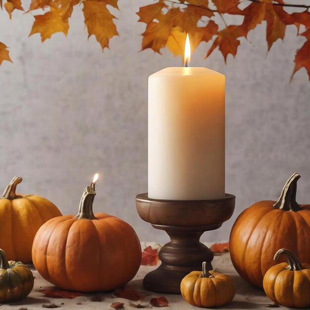 Autumn composition with candle and pumpkins