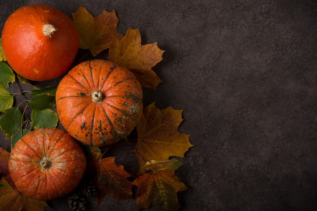 Autumn composition with colorful fresh pumpkins and autumn leaves, thanksgiving day, top view, copyspace