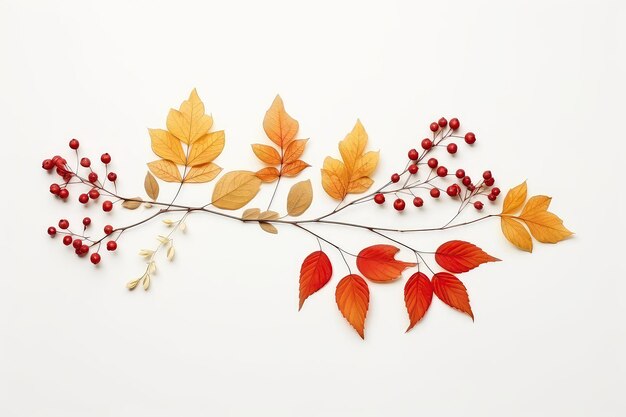 白い背景に乾燥した葉の花とナナカマドの果実を持つ秋の組成物は、秋のテーマのモックアップに最適です
