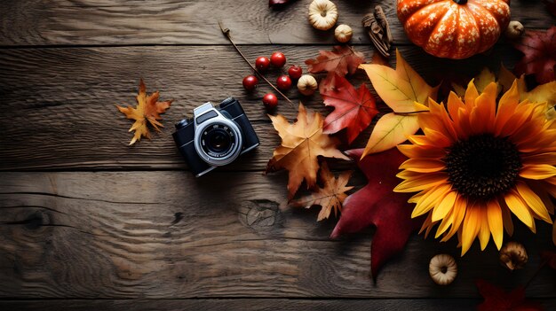Осенняя композиция с сухими разноцветными листьями и старой камерой