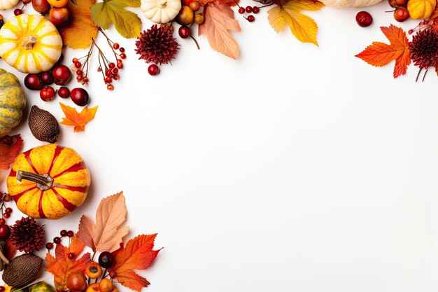 Autumn composition with leaves pumpkins flowers and berries on a white background concept of autumn