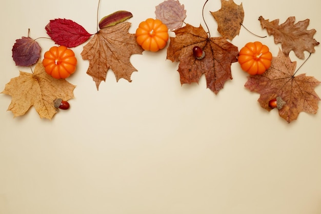 Autumn composition with maple leaves decorative pumpkins and candles Top view Copy space