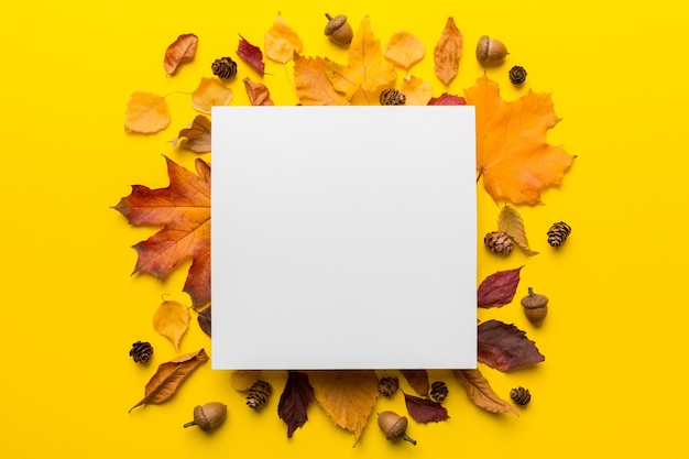 Autumn composition with paper blank and dried leaves on table Flat lay top view copy space