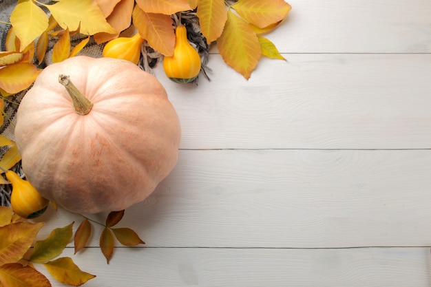 Autumn composition with  pumpkin and yellow leaves on a white wooden table.