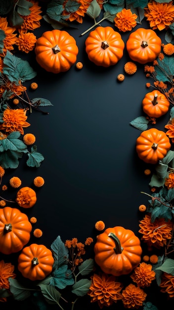 Autumn composition with pumpkins on black blank card Flat lay top view Halloween concept