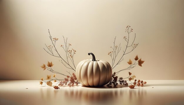 Foto composizione autunnale con zucche fiori secchi e foglie render 3d