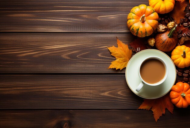 Autumn composition with pumpkins fall leaves coffee cup on old wooden table background