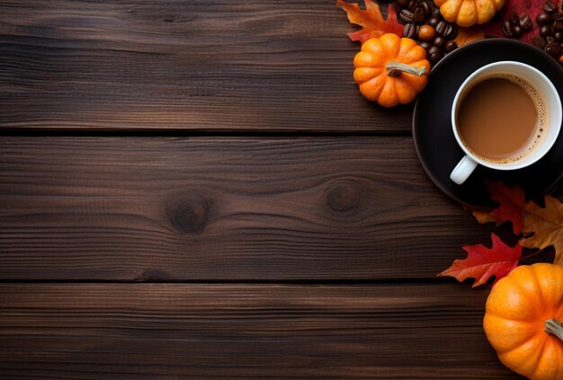 Autumn composition with pumpkins fall leaves coffee cup on old wooden table background