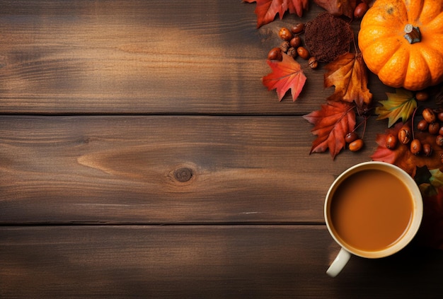 Autumn composition with pumpkins fall leaves coffee cup on old wooden table background