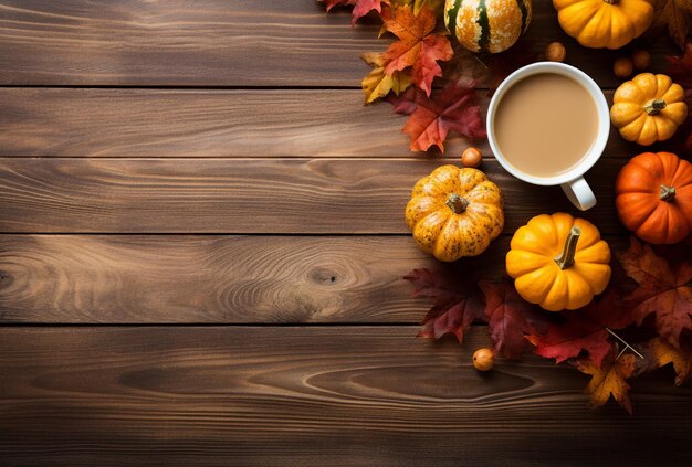 Autumn composition with pumpkins fall leaves coffee cup on old wooden table background