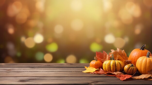 Autumn composition with pumpkins and fallen leaves on a wooden surface against a bokeh background