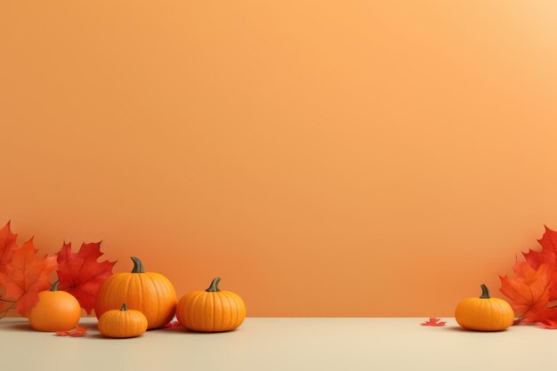 Photo autumn composition with pumpkins leaves and space for text on orange background