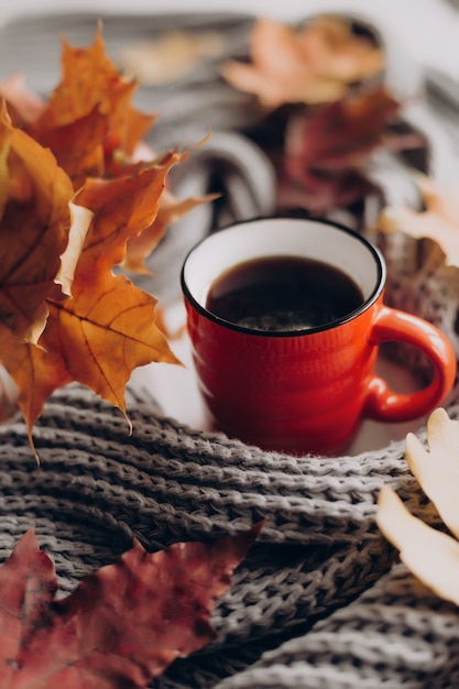 Photo autumn composition with red mug with apples and maple leaves