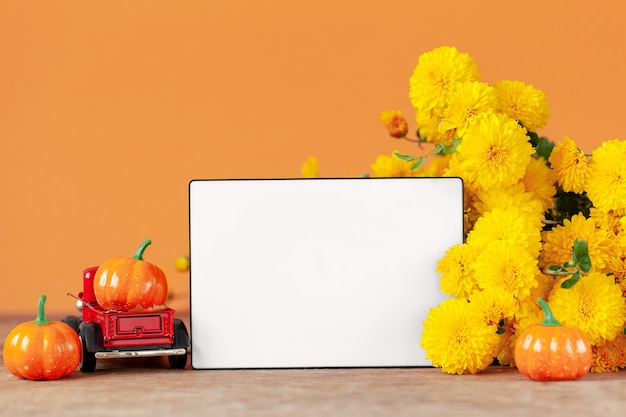 Autumn composition with Yellow chrysanthemums flowers and empty blank lightbox on orange background.