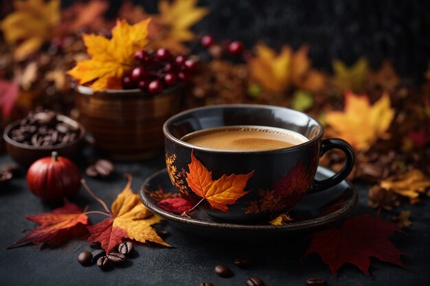 Autumn concept background with autumn leaves and coffee served in cup on dark background