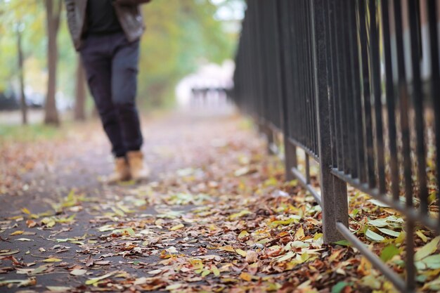 Autumn concept. Pedestrian feet on the road. Autumn leaves on the footpath.