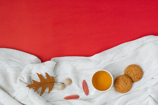 Autumn, the concept of Thanksgiving. A cup of tea, fallen autumn leaves, a knitted blanket on a red background.