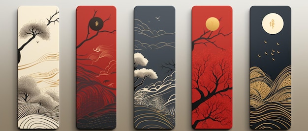 Autumn concept yellow chinese style bookmark set featuring abstract album covers leaf blank