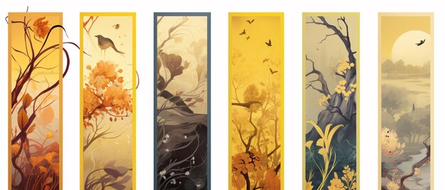 Autumn concept yellow chinese style bookmark set featuring abstract album covers leaf blank