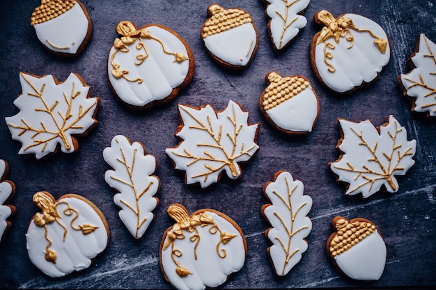 Autumn cookies on a grey table