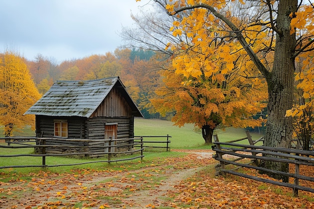 Foto casa in legno di campagna d'autunno