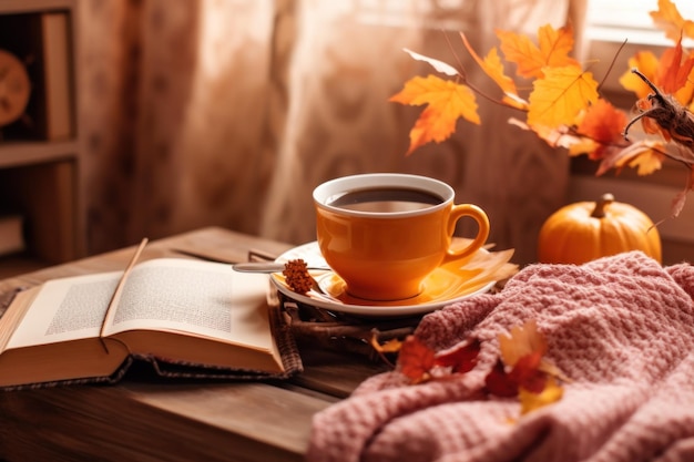 Autumn cozy background with coffee Illustration AI GenerativexA