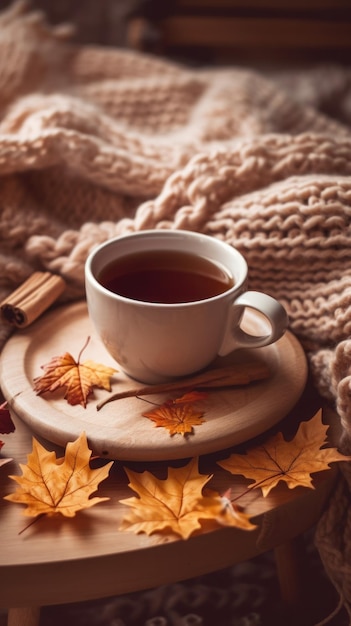 Autumn cozy background with coffee Illustration AI GenerativexA