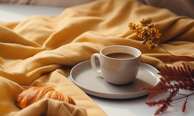 Фото Осенний уютный столик для завтрака с чашечкой кофе с копировальным пространством