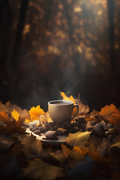 Autumn cozy coffee background Illustration AI GenerativexA