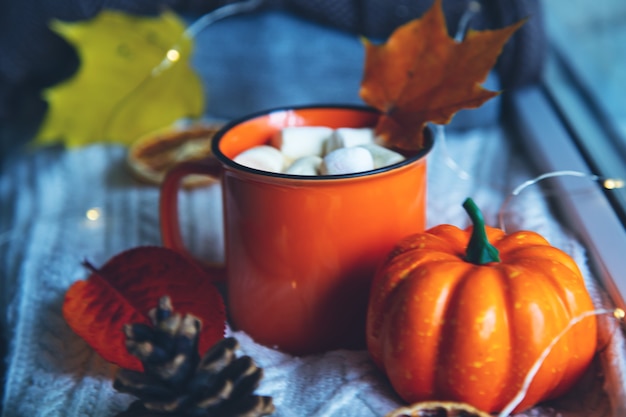 Autumn cozy composition. Cup of cocoa, pumpkin, autumn leaves and a knitted blanket on the windowsill. Autumn, hygge home mood.  Selective focus.