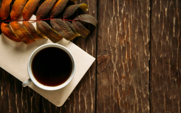 Autumn cozy composition. A cup of coffee, a plaid, a candle, dried flowers on a light background.