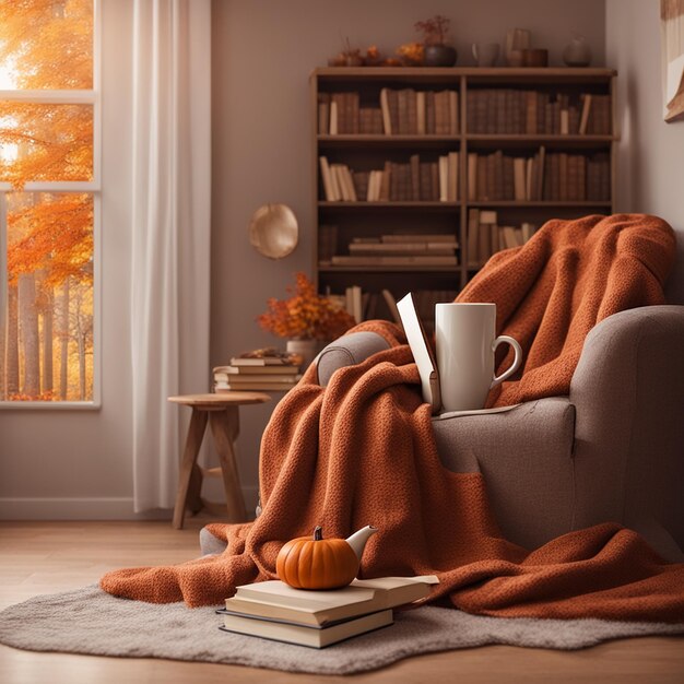 Фото Осеннее уютное настроение осенний уютный уголок для чтения с книжной полкой, наполненной книгами на осеннюю тему и...