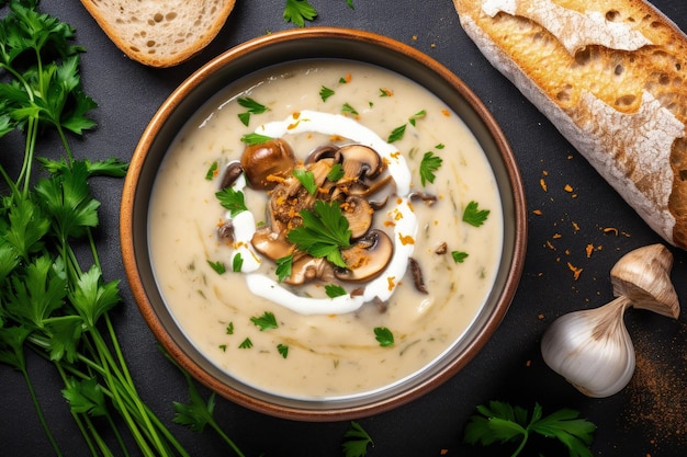 Autumn cream soup with seasonal vegetables and mushrooms served with bread