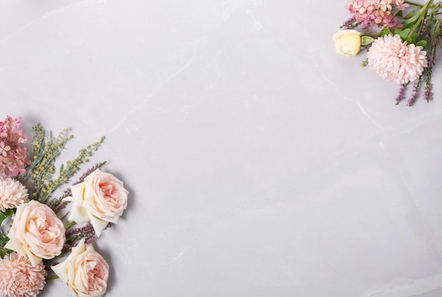 autumn creative composition roses asters coral flowers on gray background fall autumn wedding