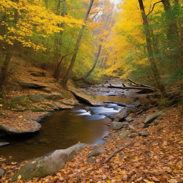 Осенняя панорама ручья с желтым кленовым деревом