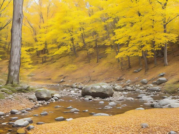 Autumn creek woods with yellow trees foliage and rocks in forest mountain AI Generated