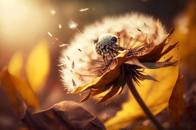 Autumn dandelion with seeds flying in gentle breeze generative ai