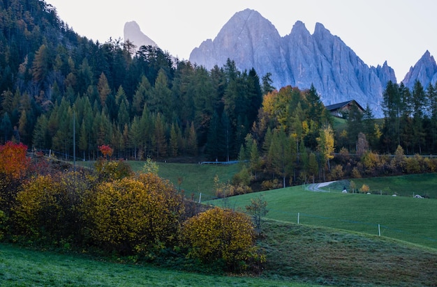 Autumn daybreak Santa Magdalena famous Italy Dolomites village view in front of the Geisler or Odle Dolomites mountain rocks Picturesque traveling and countryside beauty concept background