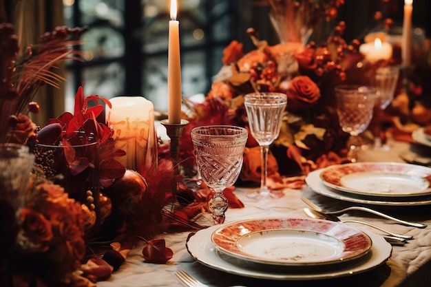 Autumn decor table details close up Holiday or wedding festive luxury design