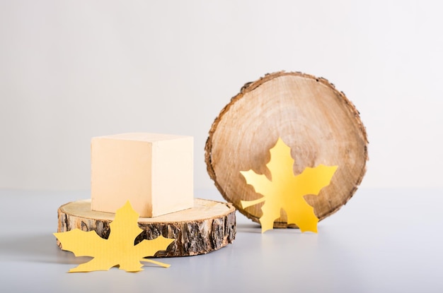 Autumn decoration Cube on a cut of a tree and paper maple leaves on a light background
