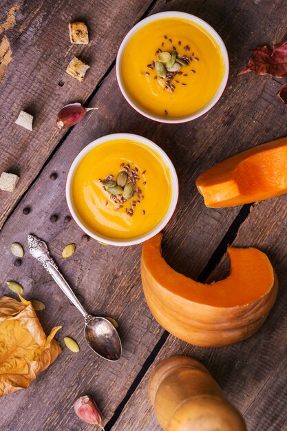 Autumn delicious and healthy pumpkin soup cream