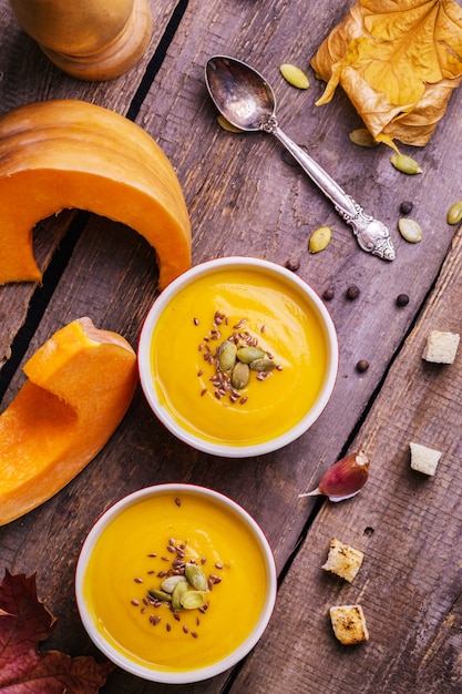 Autumn delicious and healthy pumpkin soup cream