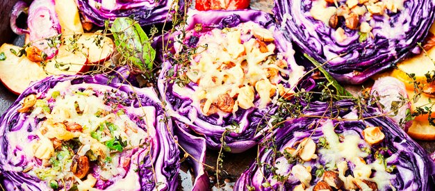 Autumn dish of red cabbage baked with nuts and apples