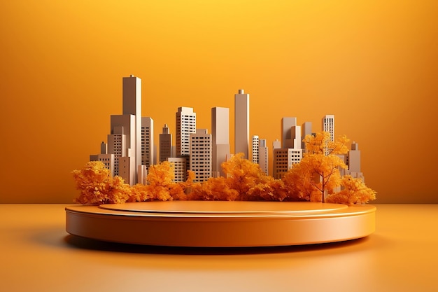 Autumn display podium with skyscraper and tree 3d rendering