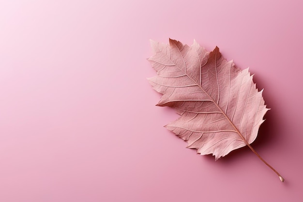 写真 コピースペースのピンクの背景に乾いた秋の葉