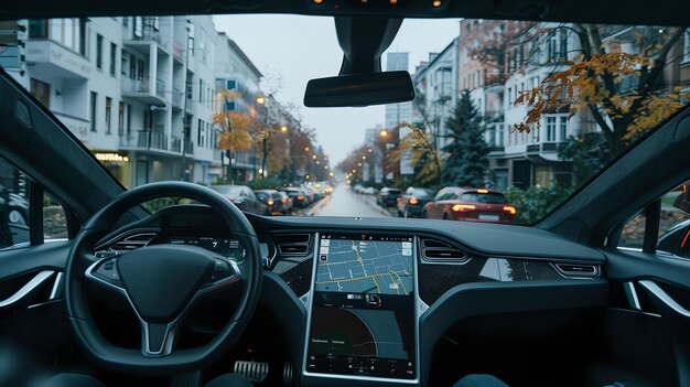 Foto guida autunnale per le strade della città vista interna di un'auto moderna stile di vita urbano e trasporto tema ai