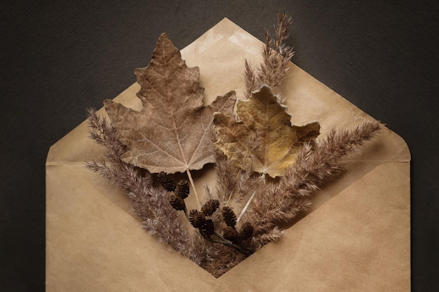 Autumn dry herbarium leaves in craft envelope